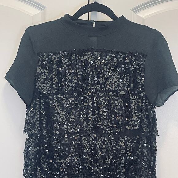 Zara Tiered Ruffle Sequin Holiday Party Dress - Women Size XS - Black - Picture 2 of 7